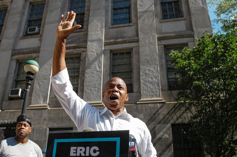 Eric Adams speaks during a news conference outside Brooklyn borough