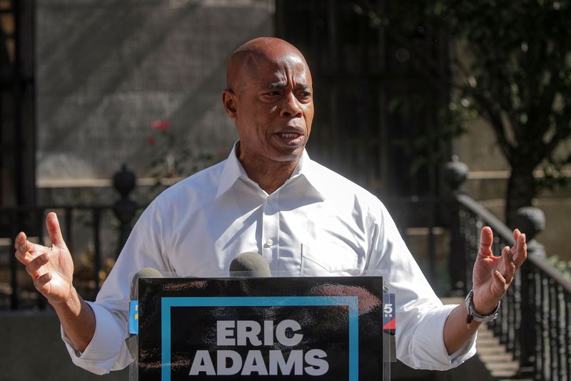 FILE PHOTO: Eric Adams speaks during a news conference outside