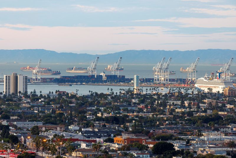 Ships are shown offshore at the port of Long Beach,