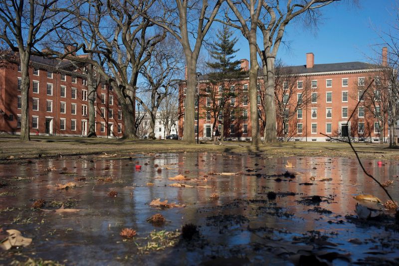 FILE PHOTO: Buildings in Harvard Yard are reflected in frozen