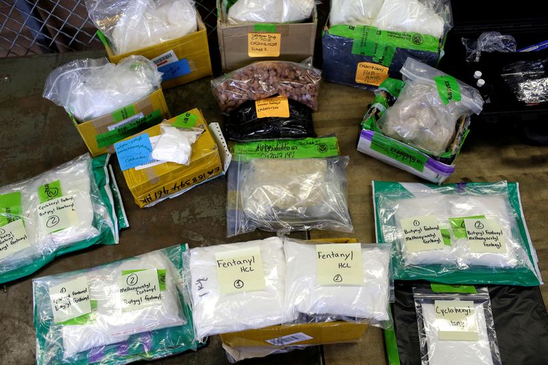 FILE PHOTO: Plastic bags of Fentanyl are displayed on a