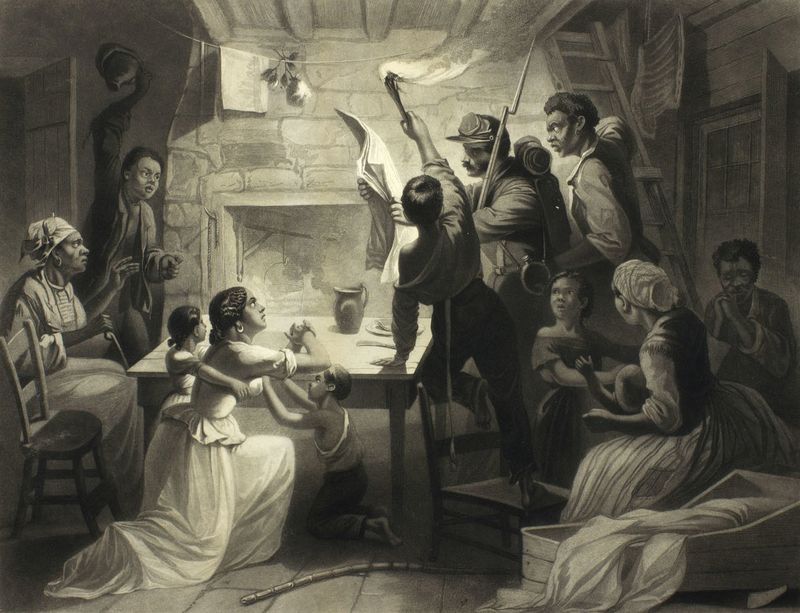 An illustration depicting a white Union soldier reading the Emancipation