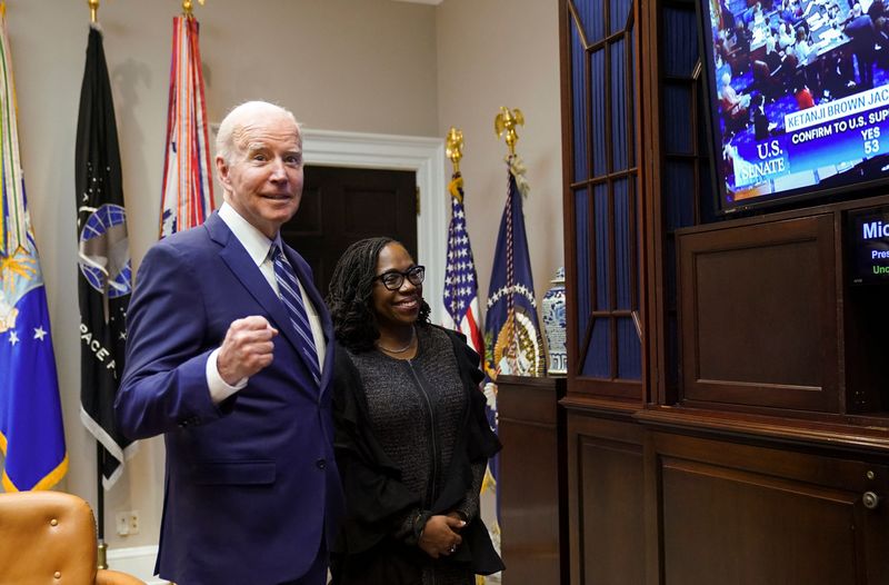 U.S. President Joe Biden and Judge Ketanji Brown Jackson watch