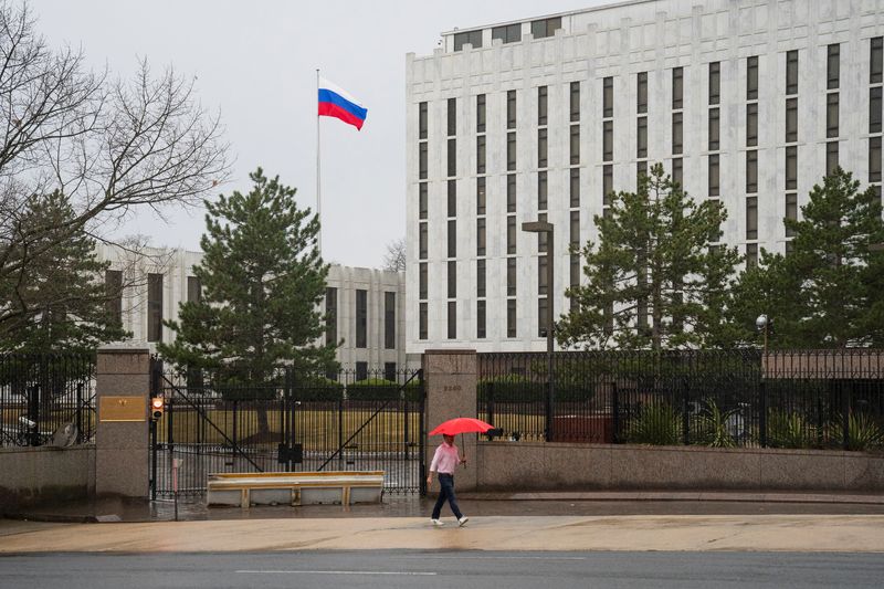 The Russian Embassy, as President Biden announces new sanctions on