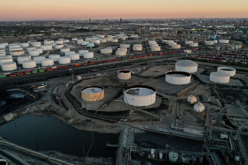 Aerial view of storage tanks at Kinder Morgan Terminal and