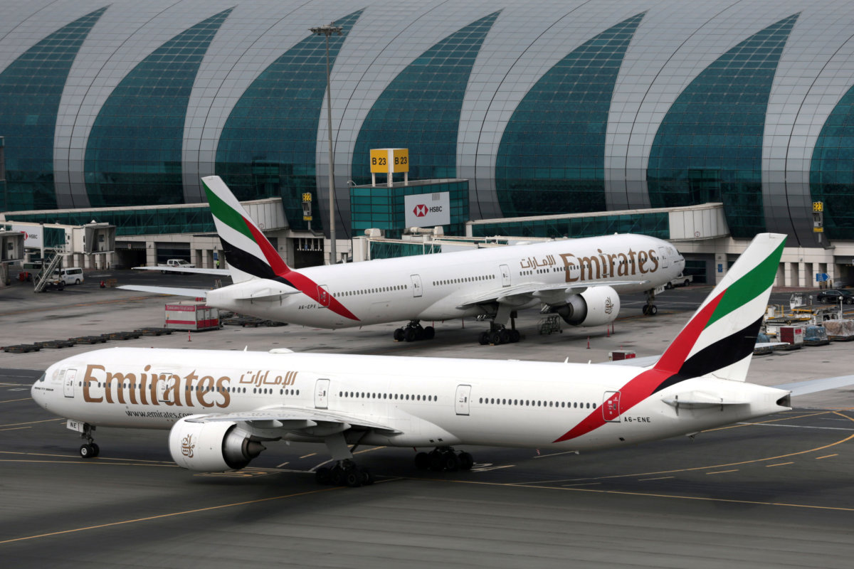 FILE PHOTO: Emirates Airline Boeing 777 planes at are seen
