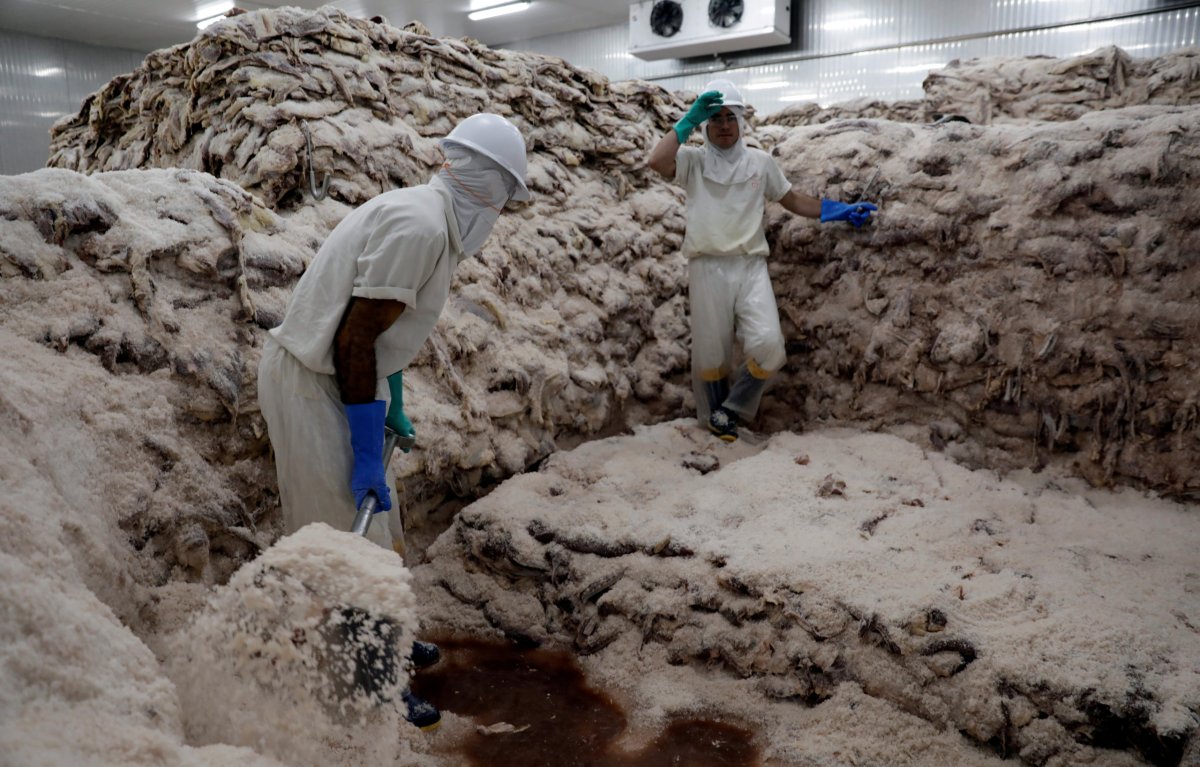 FILE PHOTO: fILE PHOTO: Workers prepare salted meat at a