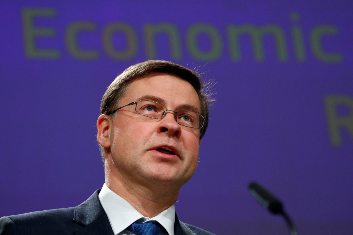 EU Commissioner Dombrovskis addresses a news conference in Brussels