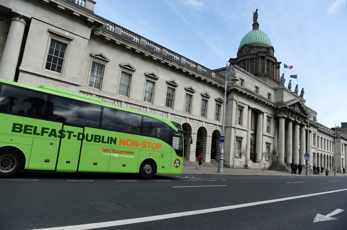 A Belfast to Dublin bus is seen outside the Customs