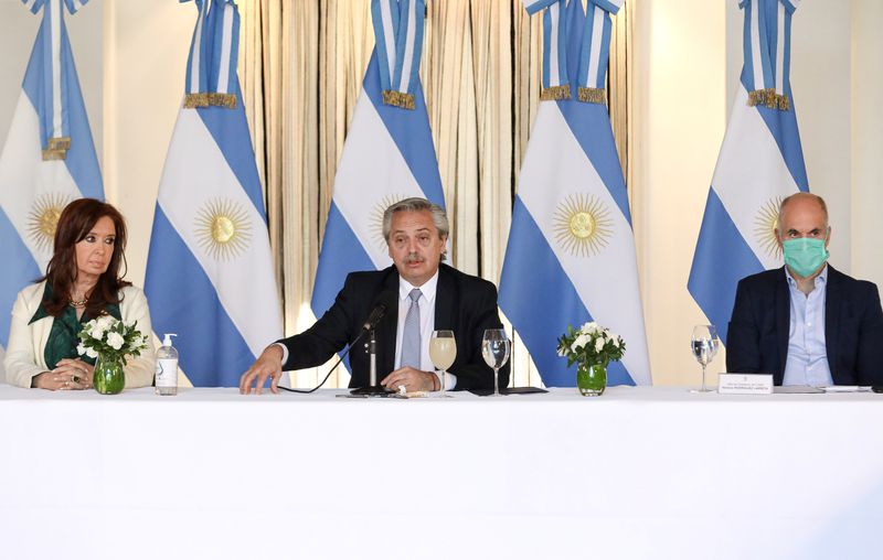Argentine President Alberto Fernandez speaks at the presentation of the