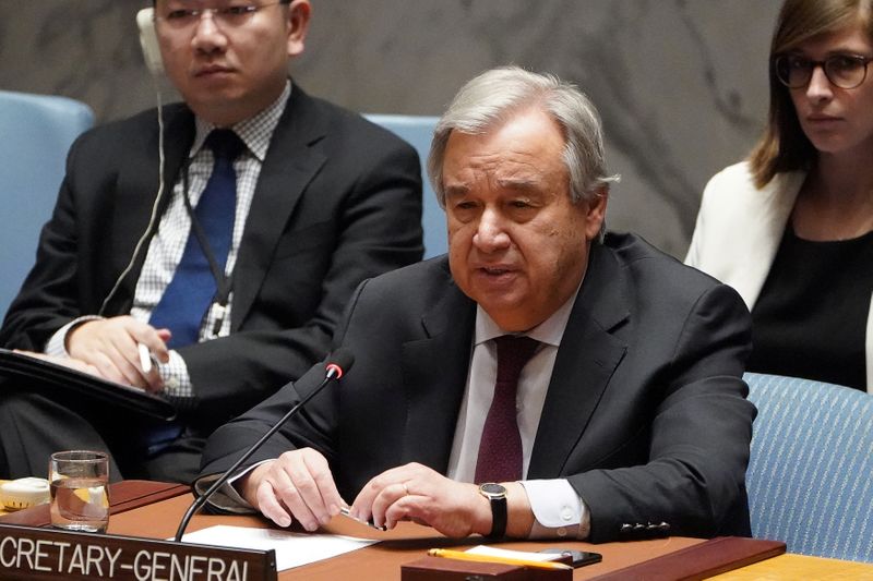 Secretary General of UN Guterres speaks during a Security Council