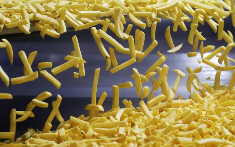 Fresh french fries are seen at Mydibel Group factory, a
