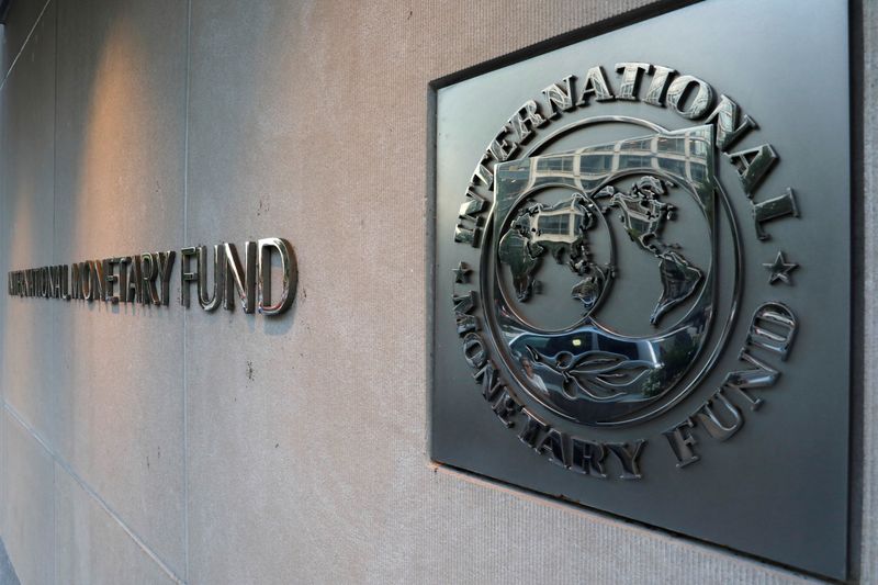 IMF logo is seen outside the headquarters building in Washington