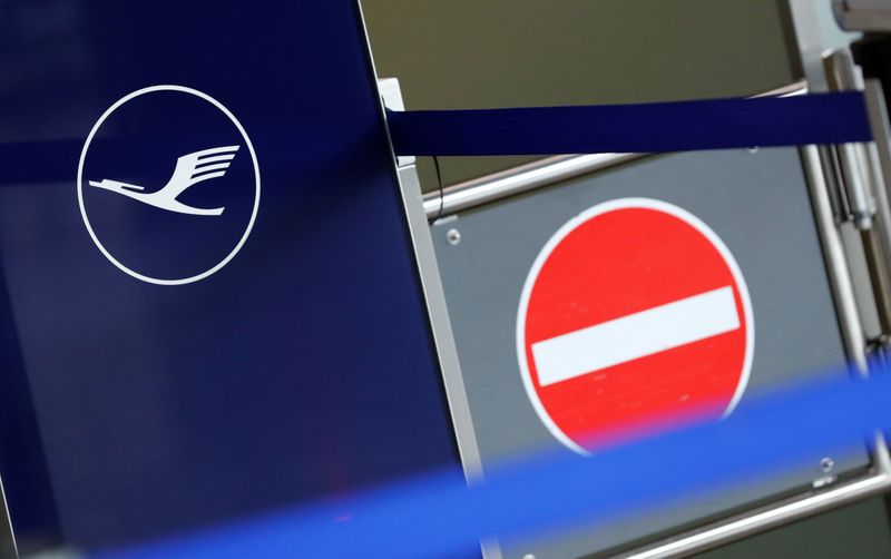 Logo of German airlines Lufthansa is pictured next to a