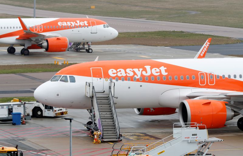 FILE PHOTO: EasyJet planes parked at Luton airport after the