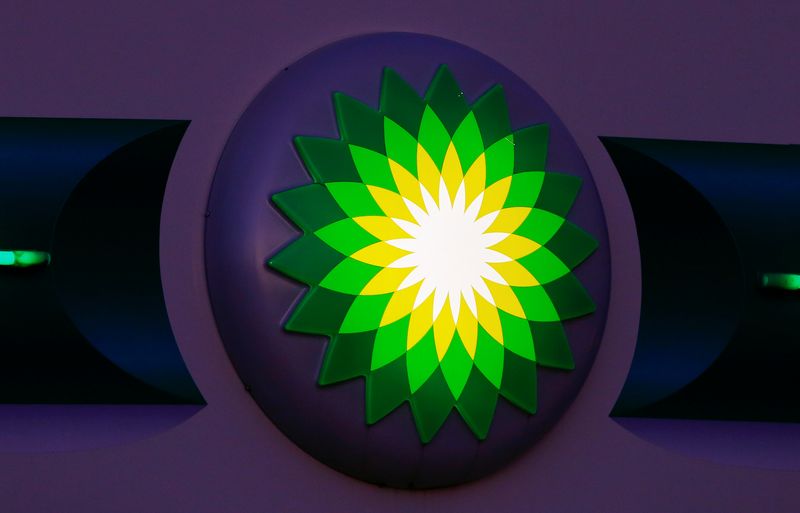 Logo of BP is seen at a petrol station in