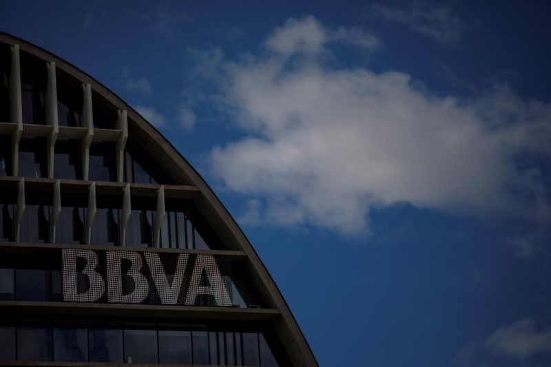 The headquarters of the Spanish bank BBVA are seen in