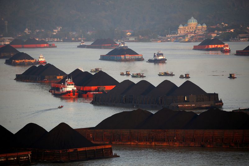 FILE PHOTO: Coal barges are pictured as they queue to