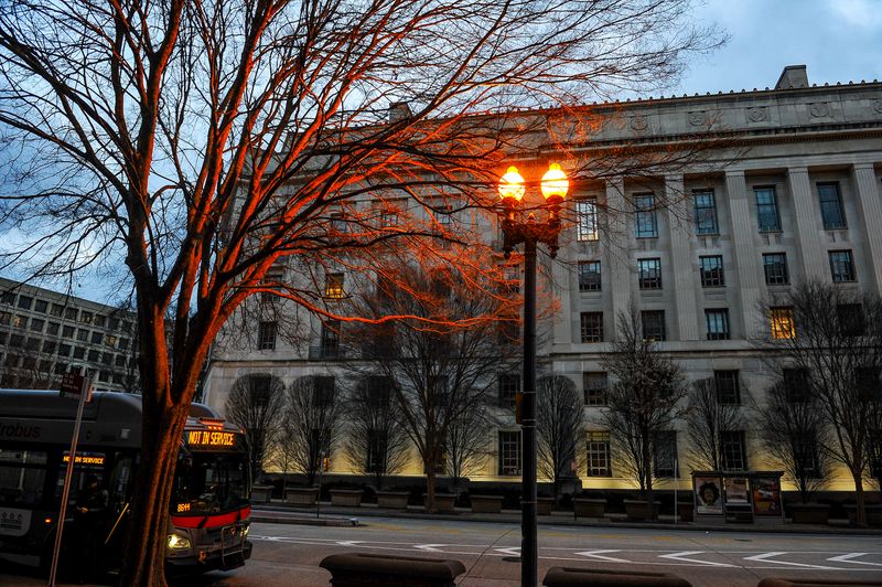 The U.S. Department of Justice building is bathed in morning