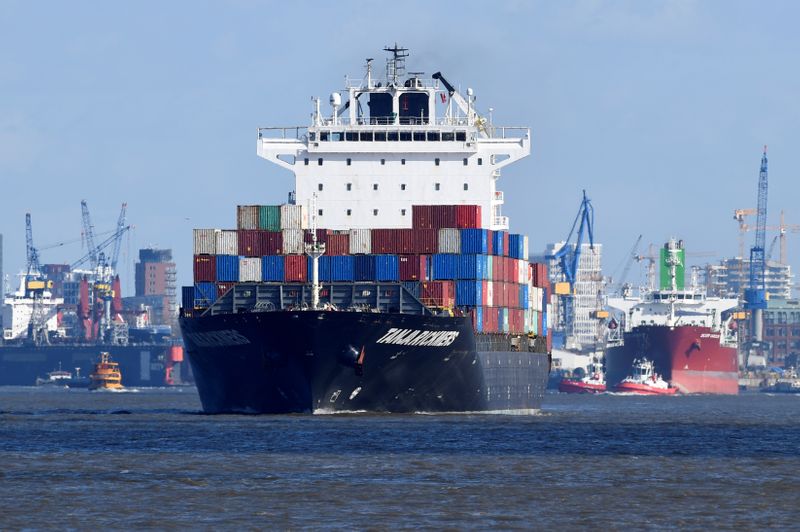 A container ship leaves the port in Hamburg