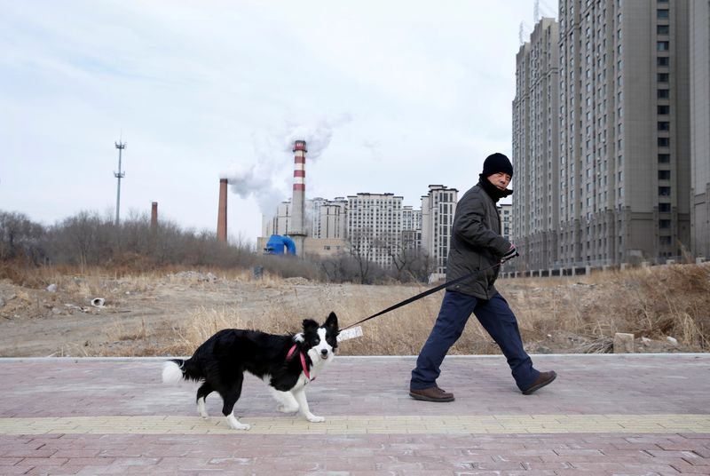 A resident and his dog walk past a coal-fired heating