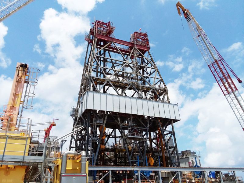 A massive drilling derrick is pictured on BP’s Thunder Horse