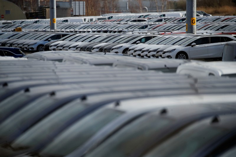 Parked cars are seen at the Vauxhall plant as the