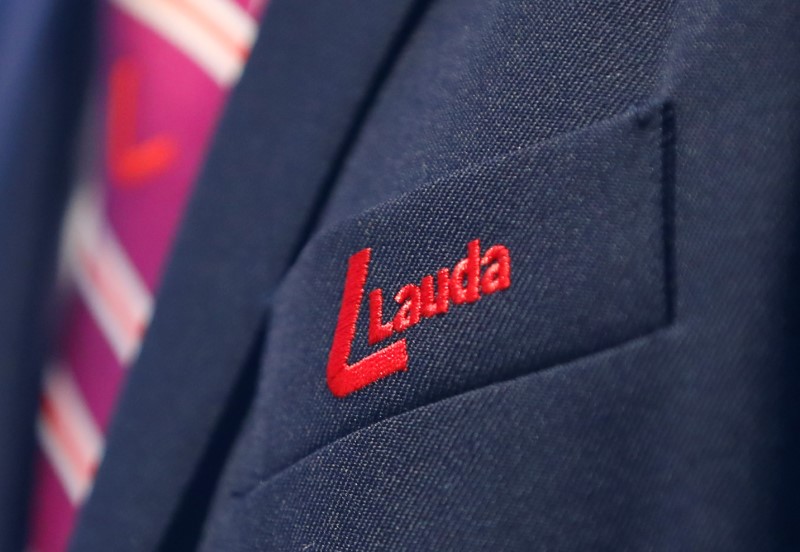 The Laudamotion logo is seen during a news conference in