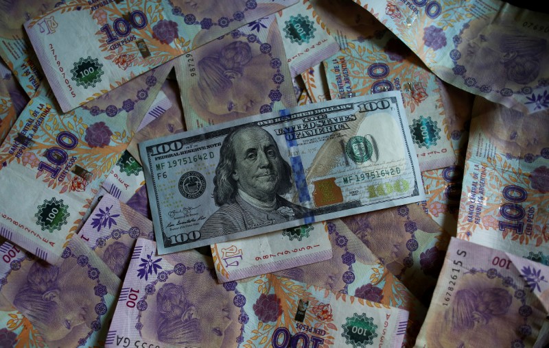 FILE PHOTO: Argentine one hundred peso bills sit underneath United