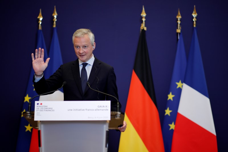 French Finance Minister Le Maire attends a joint videoconference with