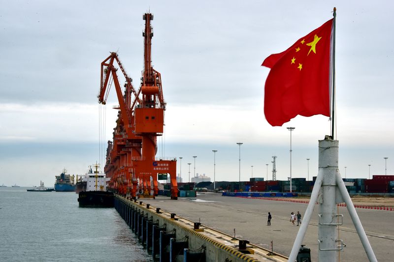 A Chinese national flag is seen at a port in