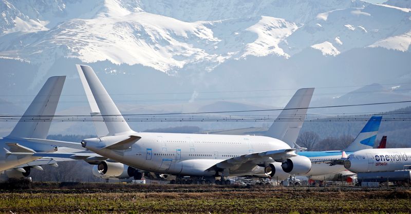 An A380 Airbus superjumbo sits on the tarmac where it