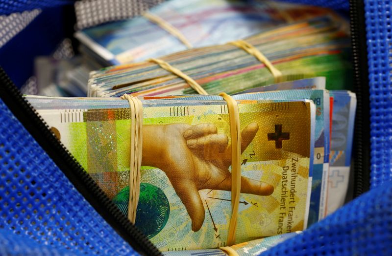 Bundles of unsorted Swiss franc banknotes lie in a transport
