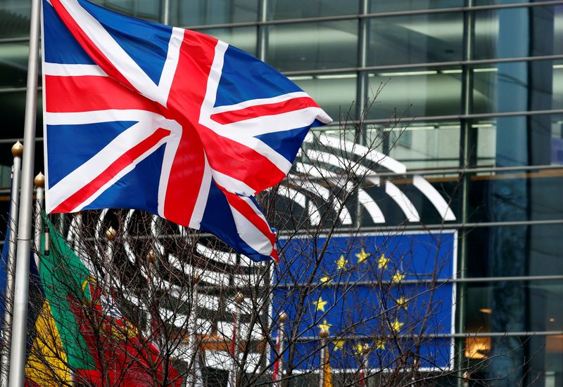 A British Union Jack flag flutters outside the European Parliament