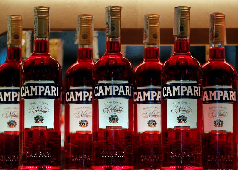Campari bottles are seen in a bar downtown Milan
