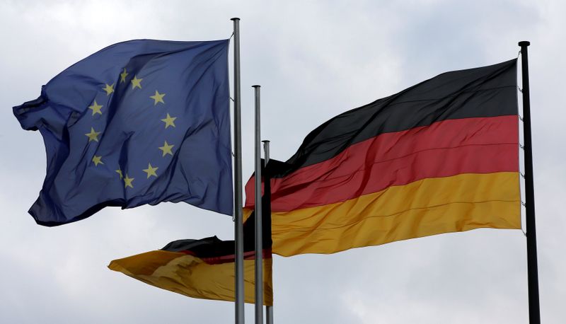 The European Union and German nation flags are pictured before