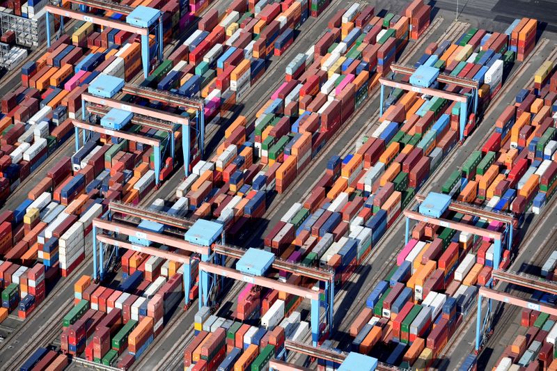 FILE PHOTO: Aerial view of containers at a loading terminal