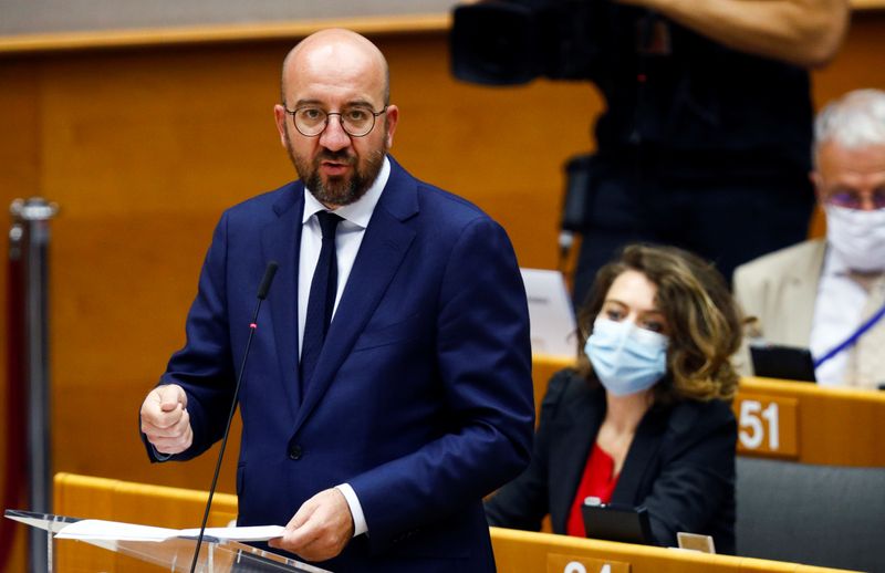 European Council President Charles Michel attend a debate in Brussels
