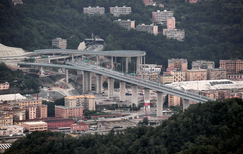 A general view shows the new Genoa bridge ahead of