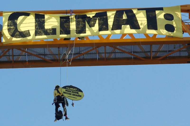 FILE PHOTO: A greenpeace activist holds a sign reading “Climate: