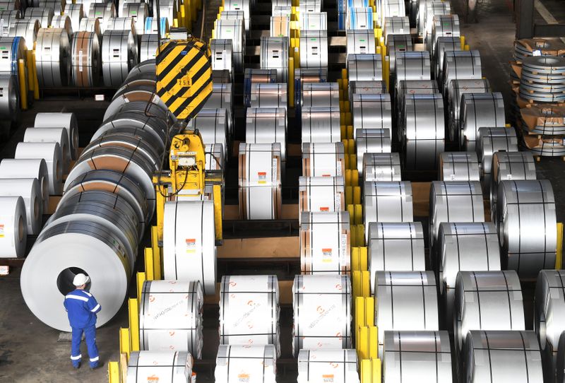 Steel rolls are pictured at the plant of German steel