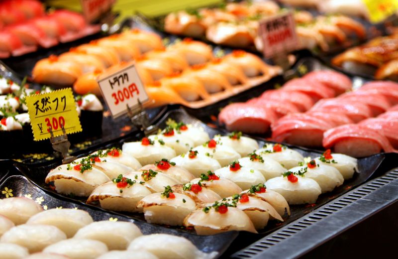 FILE PHOTO: Blowfish sushi line is seen on a display