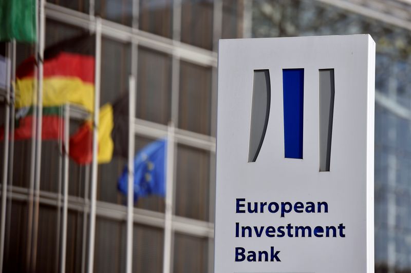 The logo of the EIB is pictured in the city