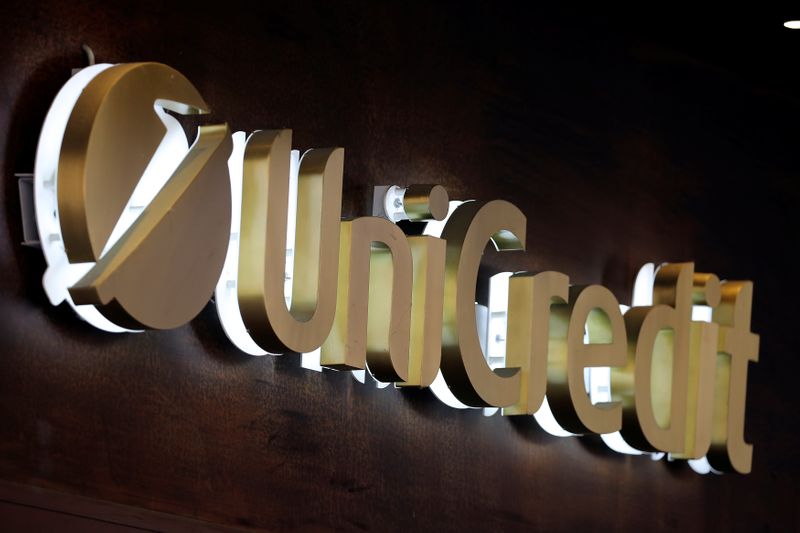 Unicredit bank logo is seen in the old city centre