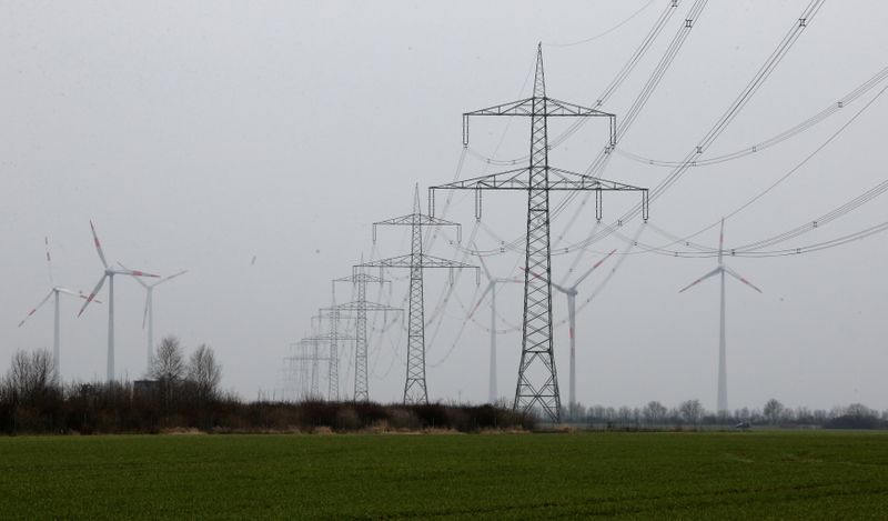 FILE PHOTO: Power lines and wind turbines are pictured during