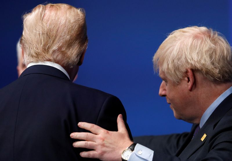 Britain’s Prime Minister Boris Johnson welcomes U.S. President Donald Trump