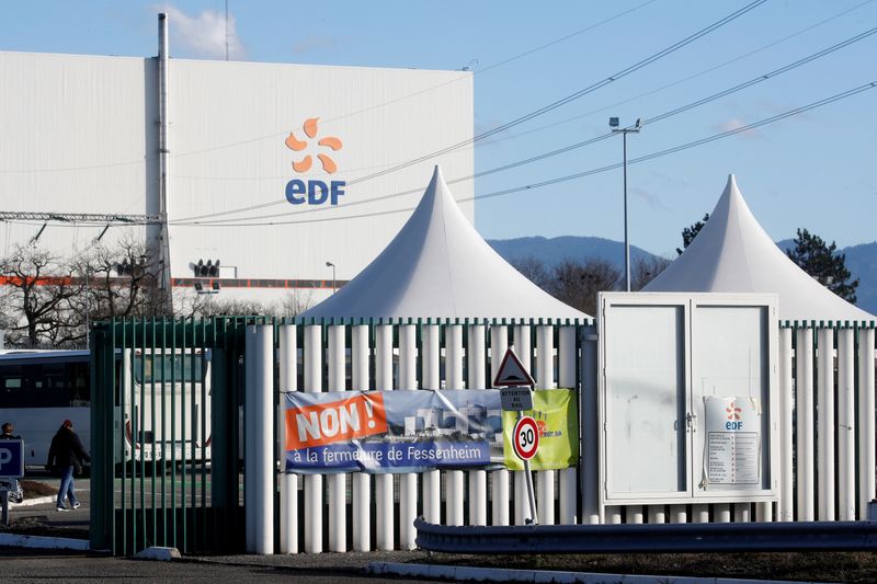 Banner is seen at Electricite de France nuclear power plant