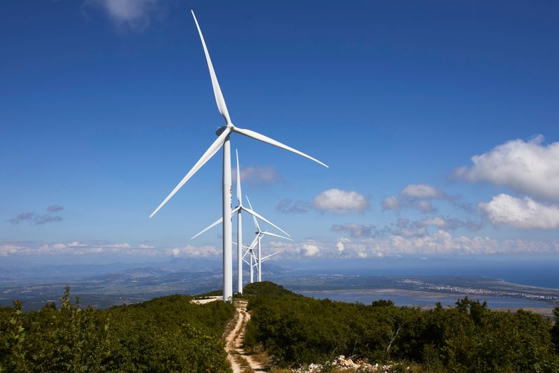 Wind turbines of the Mozura wind farm are seen in