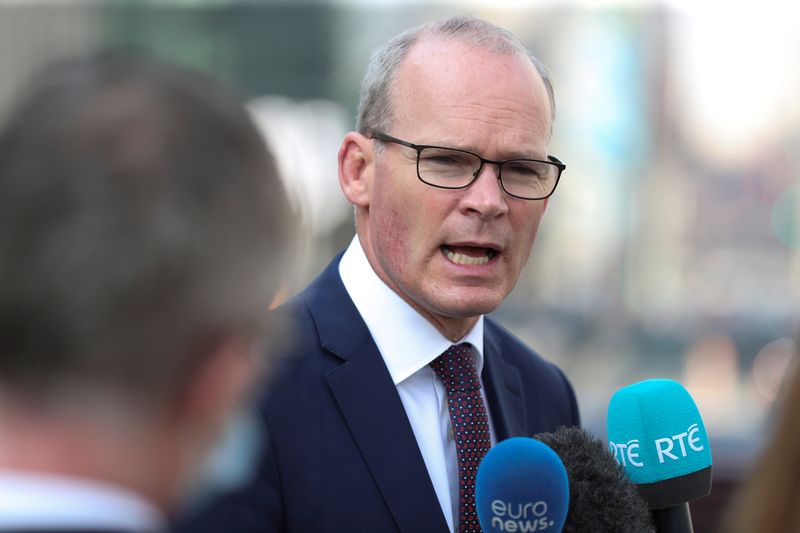 Irish Foreign Minister Simon Coveney, speaks to the media, in