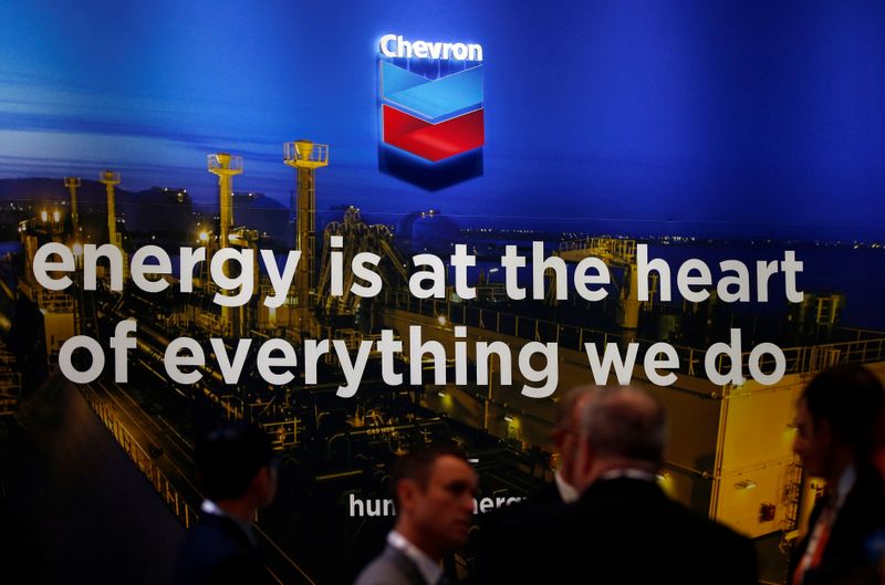 The logo of Chevron Corp is seen in its booth
